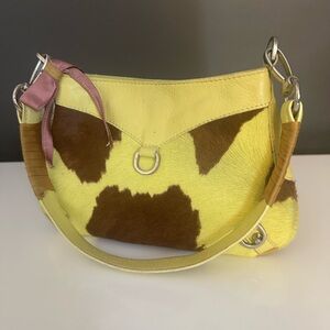 Vtg Facondini Purse Pony Hair Fur Leather Brown Yellow Silver Hardware Y2K Italy